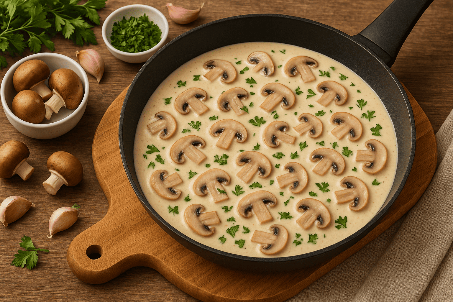 Kreminis padažas keptuvėje su šviežiais grybais ir žolelėmis ant stalo