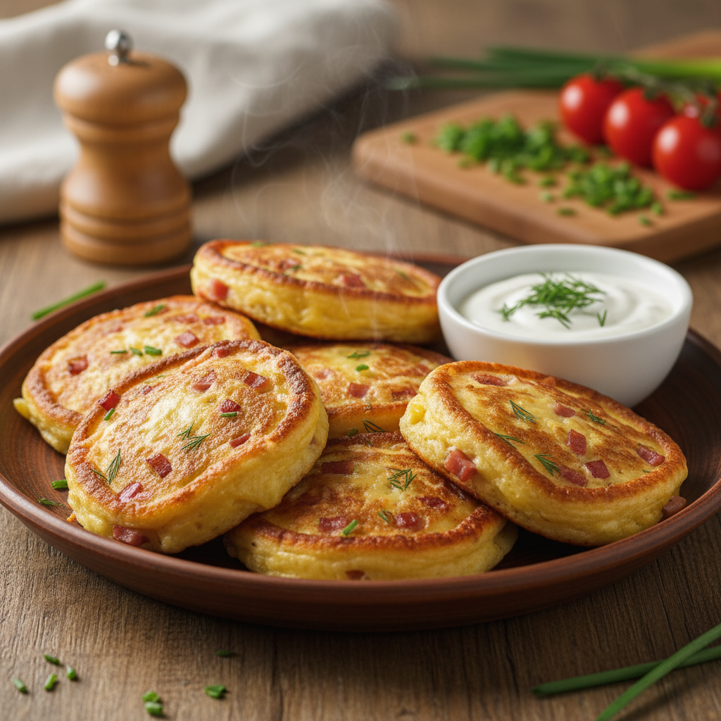 Blynai su kumpiu ir sūriu: receptas greitai vakarienei