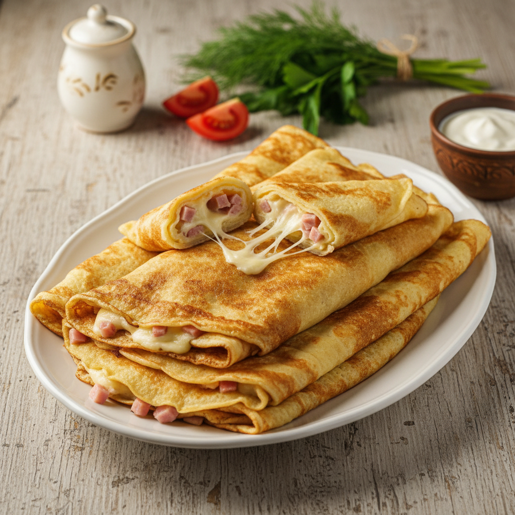 Blyneliai su kumpiu ir sūriu: greitas ir sotus receptas