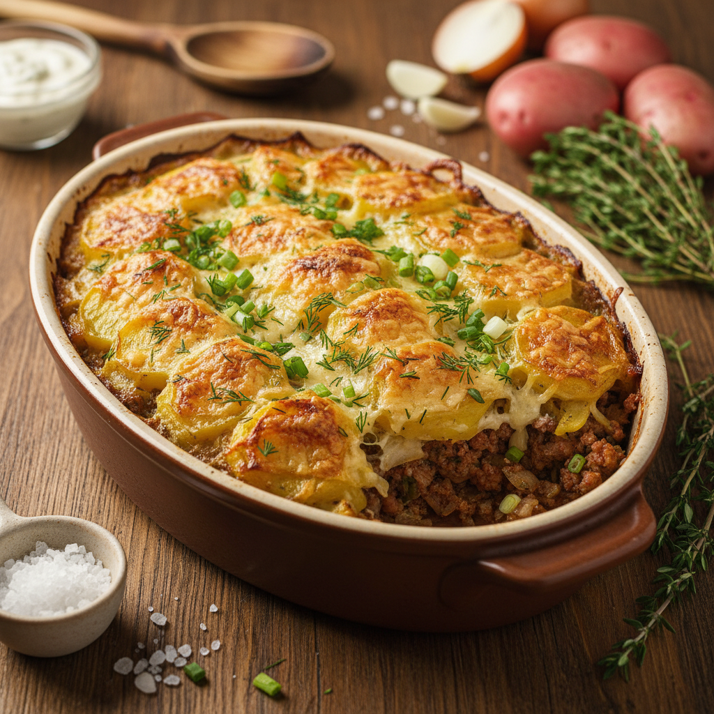 Bulvių ir faršo apkepas: receptas sočiai šeimos vakarienei