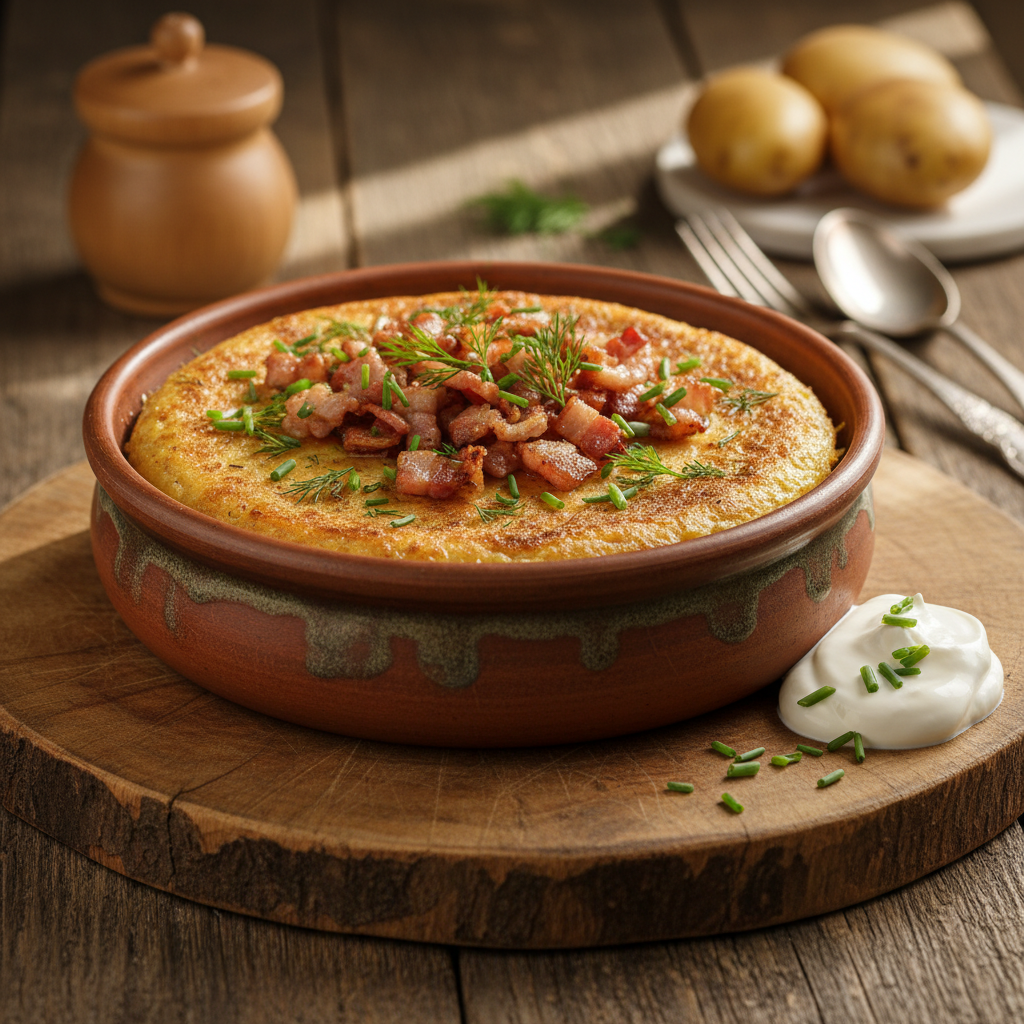 Bulvių plokštainis su spirgučiais: tradicinis receptas