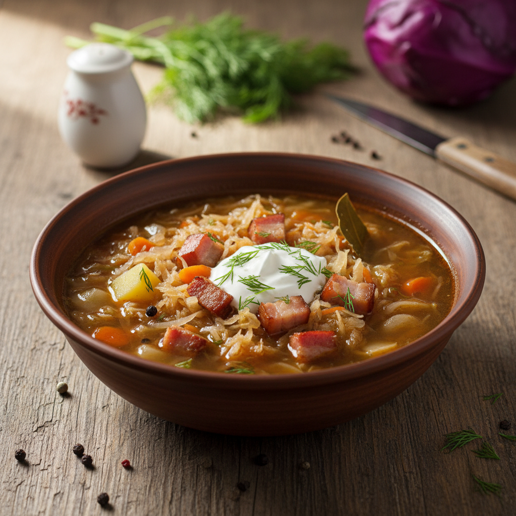 Raugintų kopūstų sriuba su šonine: vaikystės receptas