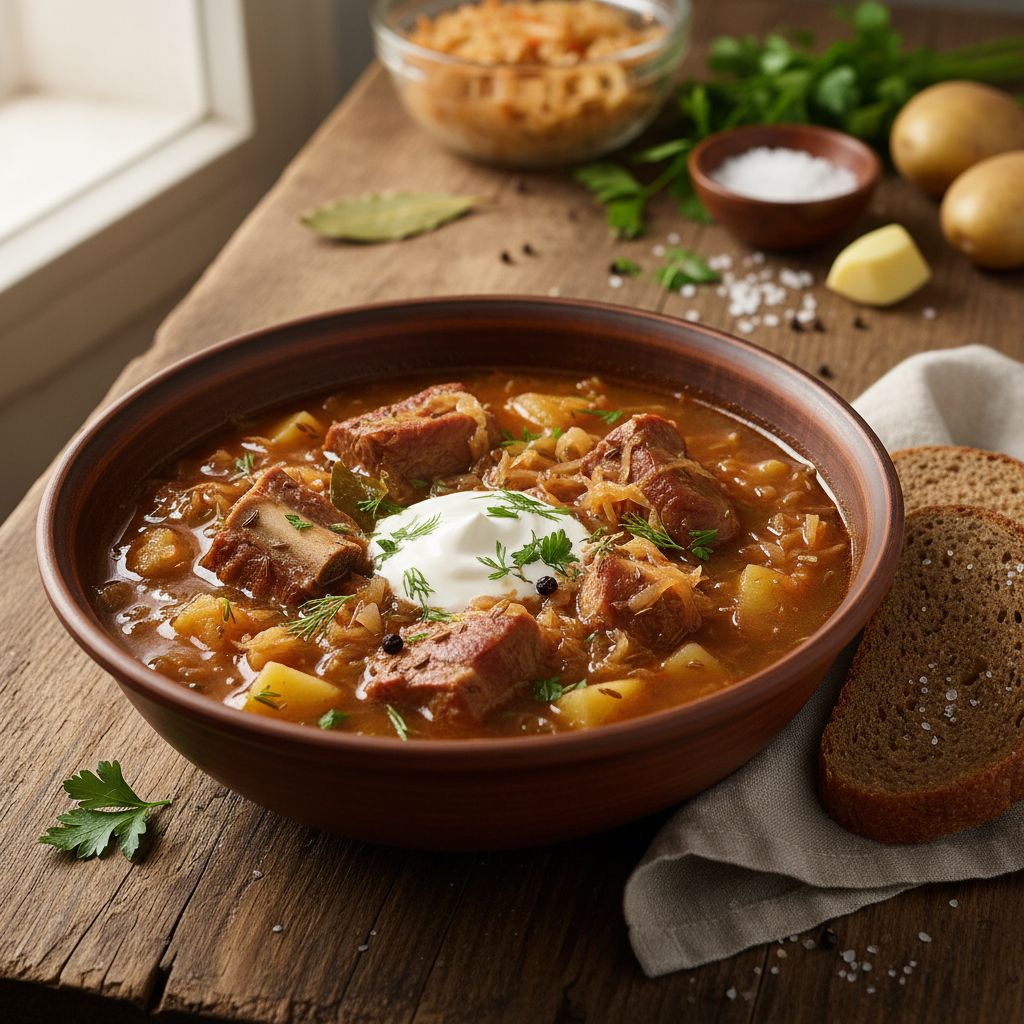 Raugintų kopūstų sriuba su šonkauliukais: kaip vaikystėje