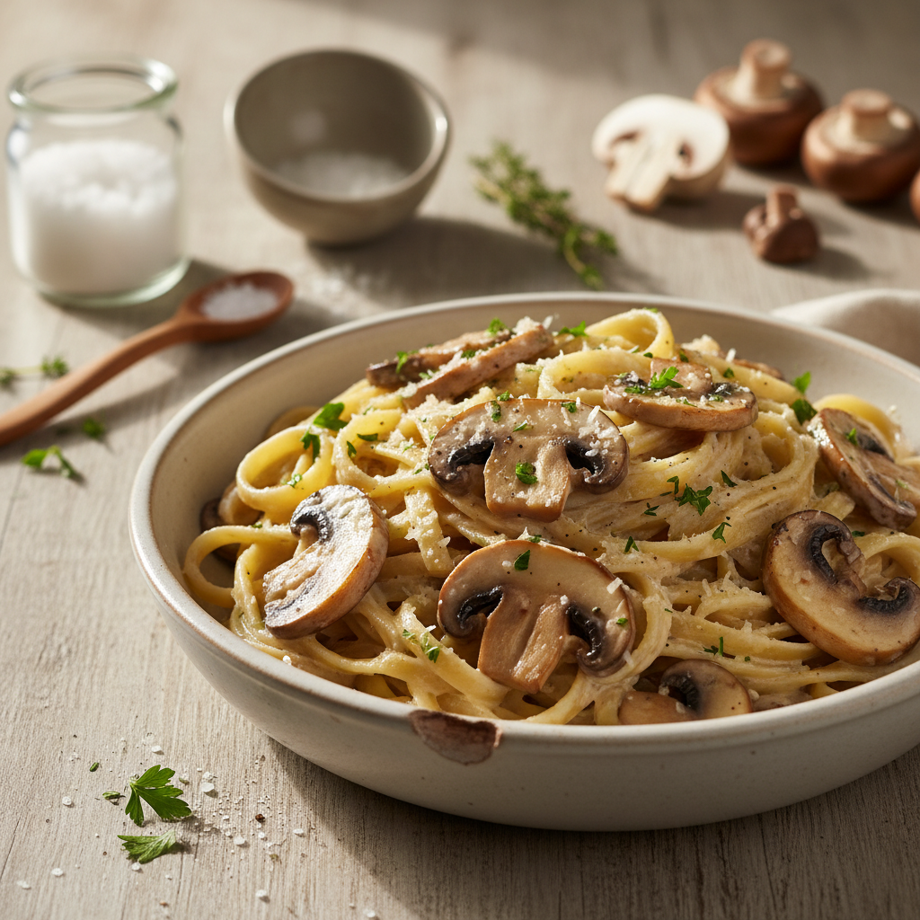 Soti vakarienė: kreminiai makaronai su pievagrybiais
