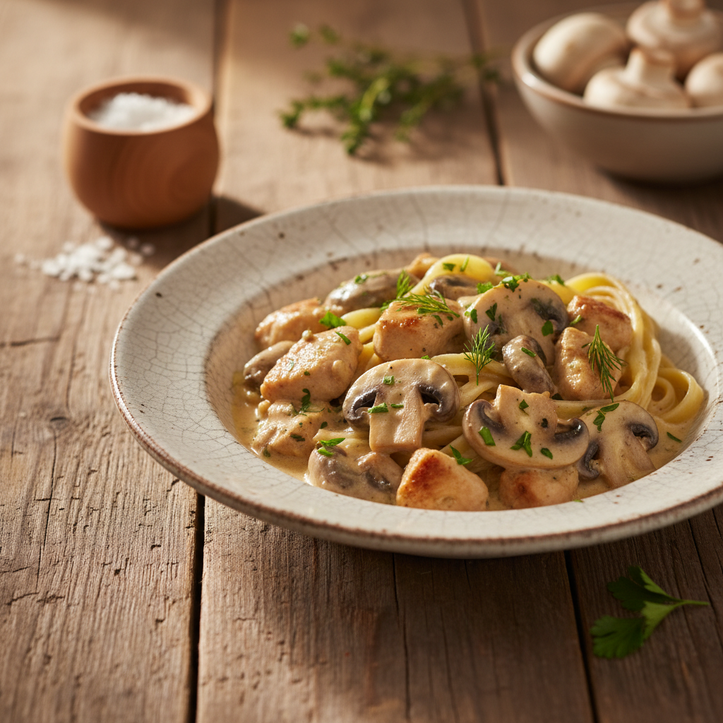 Vištiena su pievagrybiais grietinėlės padaže: receptas