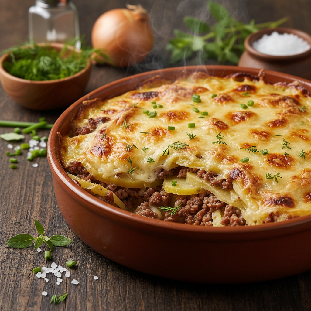 Bulvių apkepas su faršu: receptas sočiai šeimos vakarienei