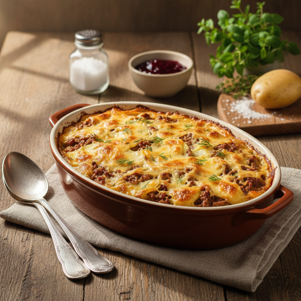 Bulvių apkepas su faršu: receptas sočiai vakarienei