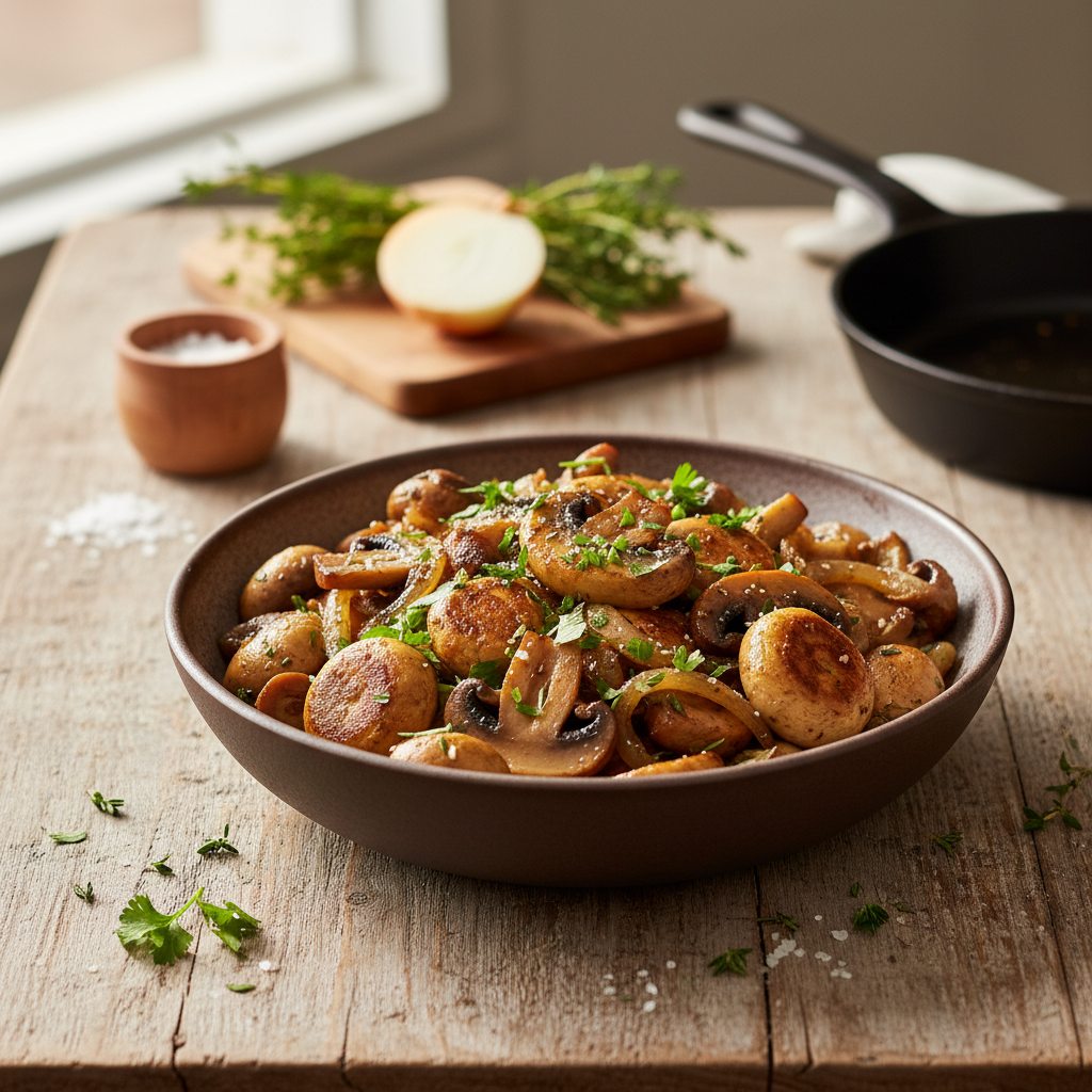 Kepti pievagrybiai su svogūnais: greitas ir gardus garnyras