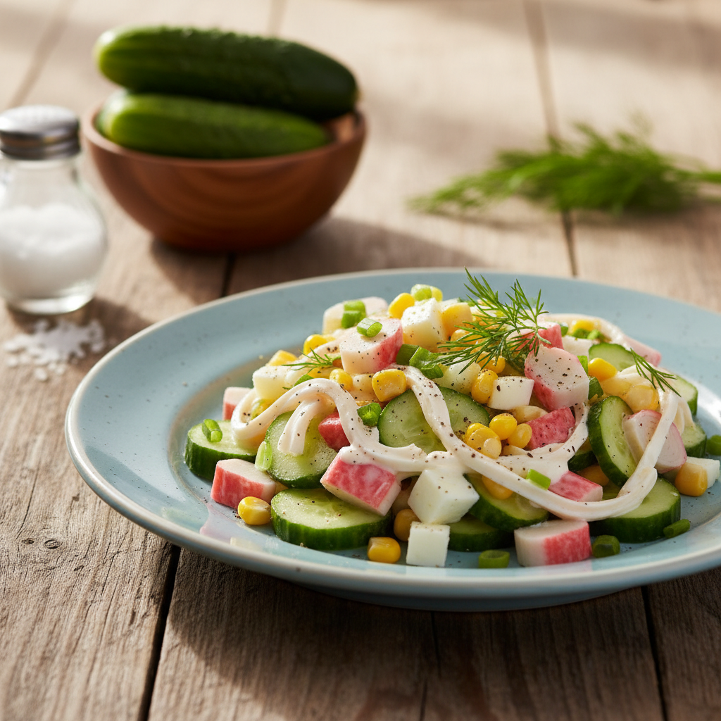 Krabų lazdelių salotos su agurkais: paruošite akimirksniu