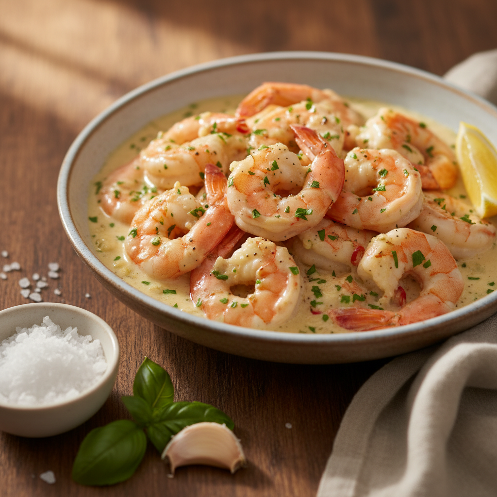 Prabangi vakarienė per 15 minučių: krevetės grietinėlės padaže